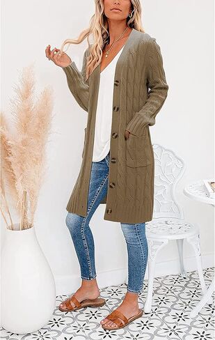 kinstell Womens Cable Knit Open Front Long Cardigan Sweaters Button Down Loose Long Sleeve Outerwear with Pockets in Saudi Arabia