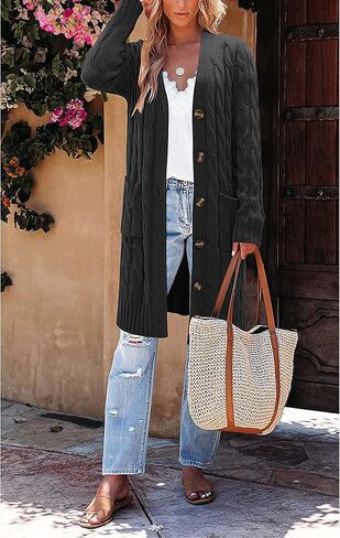 kinstell Womens Cable Knit Open Front Long Cardigan Sweaters Button Down Loose Long Sleeve Outerwear with Pockets in Saudi Arabia