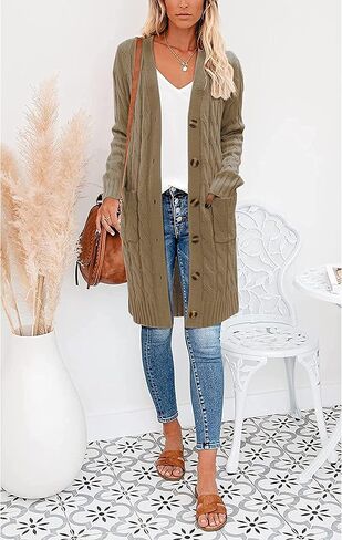 kinstell Womens Cable Knit Open Front Long Cardigan Sweaters Button Down Loose Long Sleeve Outerwear with Pockets in Saudi Arabia