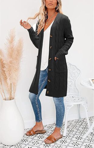 kinstell Womens Cable Knit Open Front Long Cardigan Sweaters Button Down Loose Long Sleeve Outerwear with Pockets in Saudi Arabia