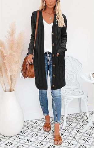 kinstell Womens Cable Knit Open Front Long Cardigan Sweaters Button Down Loose Long Sleeve Outerwear with Pockets in Saudi Arabia