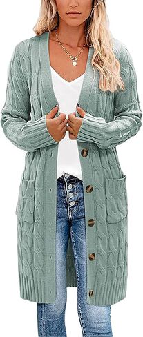 kinstell Womens Cable Knit Open Front Long Cardigan Sweaters Button Down Loose Long Sleeve Outerwear with Pockets in Saudi Arabia