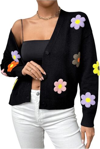 MakeMeChic Women's Floral Embroidery Button Down Cropped Cardigan Sweater Long Sleeve Lightweight V Neck Knit Tops in Kuwait
