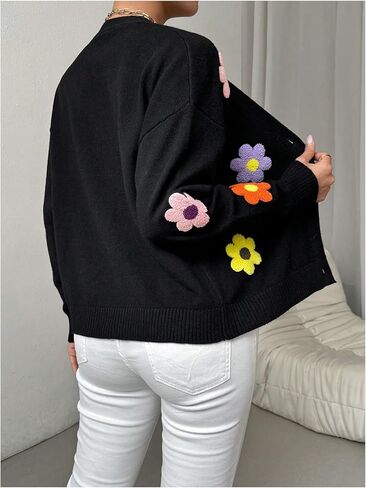 MakeMeChic Women's Floral Embroidery Button Down Cropped Cardigan Sweater Long Sleeve Lightweight V Neck Knit Tops in Kuwait