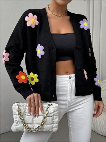 MakeMeChic Women's Floral Embroidery Button Down Cropped Cardigan Sweater Long Sleeve Lightweight V Neck Knit Tops in Kuwait