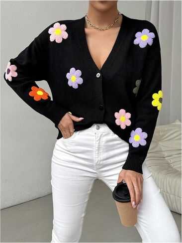 MakeMeChic Women's Floral Embroidery Button Down Cropped Cardigan Sweater Long Sleeve Lightweight V Neck Knit Tops in Kuwait