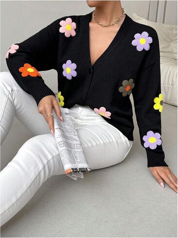 MakeMeChic Women's Floral Embroidery Button Down Cropped Cardigan Sweater Long Sleeve Lightweight V Neck Knit Tops in Kuwait