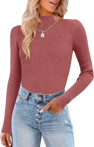 HOTOUCH Women Mock Neck Sweater Ribbed Knit Fitted Top Basic Casual Long Sleeve Shirt Fall Fashion Clothing 2024 Trendy in Kuwait