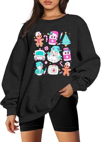 MYHALF ممرضة بلوزات عيد الميلاد Crewneck قمصان: النساء المتضخم شجرة عيد الميلاد قمم مضحك ثلج سانتا الجرافيك سترة قميص in Kuwait