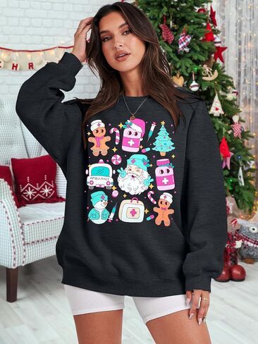 MYHALF ممرضة بلوزات عيد الميلاد Crewneck قمصان: النساء المتضخم شجرة عيد الميلاد قمم مضحك ثلج سانتا الجرافيك سترة قميص in Kuwait