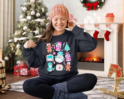 MYHALF ممرضة بلوزات عيد الميلاد Crewneck قمصان: النساء المتضخم شجرة عيد الميلاد قمم مضحك ثلج سانتا الجرافيك سترة قميص in Kuwait