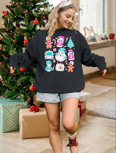 MYHALF ممرضة بلوزات عيد الميلاد Crewneck قمصان: النساء المتضخم شجرة عيد الميلاد قمم مضحك ثلج سانتا الجرافيك سترة قميص in Kuwait