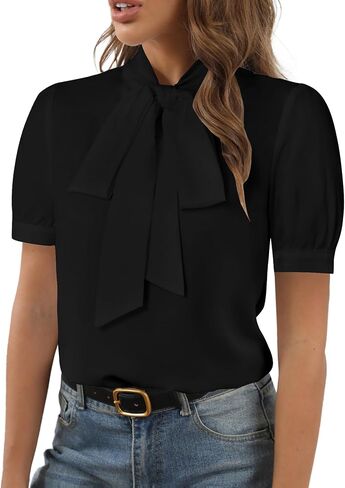 Rooscier Women's Bow Tie Neck Short Sleeve Elegant Office Workwear Blouse Shirt Tops in Kuwait