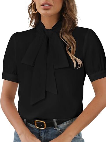 Rooscier Women's Bow Tie Neck Short Sleeve Elegant Office Workwear Blouse Shirt Tops in Kuwait