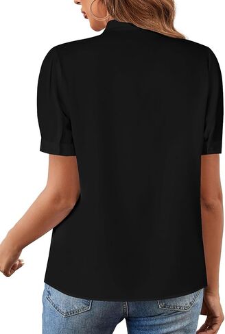 Rooscier Women's Bow Tie Neck Short Sleeve Elegant Office Workwear Blouse Shirt Tops in Kuwait