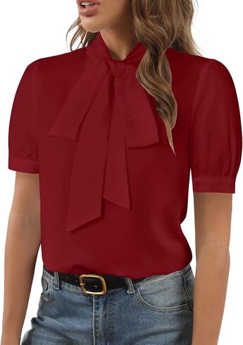 Rooscier Women's Bow Tie Neck Short Sleeve Elegant Office Workwear Blouse Shirt Tops in Kuwait