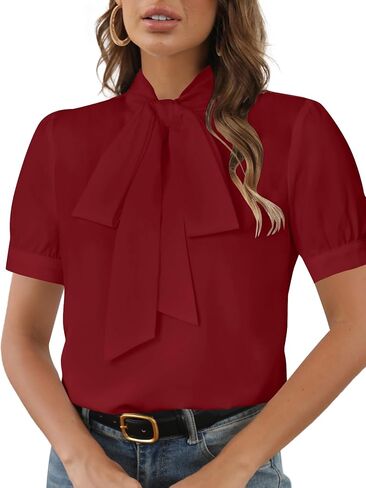 Rooscier Women's Bow Tie Neck Short Sleeve Elegant Office Workwear Blouse Shirt Tops in Kuwait