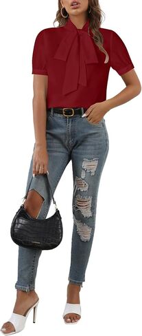 Rooscier Women's Bow Tie Neck Short Sleeve Elegant Office Workwear Blouse Shirt Tops in Kuwait