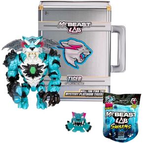 Mr. Beast Lab 6.5 Inch Collector Tiger Articulating Figure in Signature Briefcase with Mini 1 inch Swarms Mystery Collectable Toy Figure Gift Bundled Set