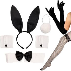 Bunny Costume Set Bunny Ear Headband Collar Cuffs Rabbit Tail Bunny Accessories Set for Easter Halloween Party Cosplay
