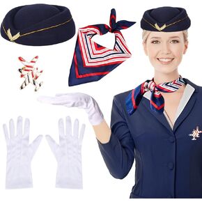 4PCS Flight Attendant Costume for Women - Flight Attendant Hat Scarf Gloves Brooch for Women Halloween Costumes Cosplay