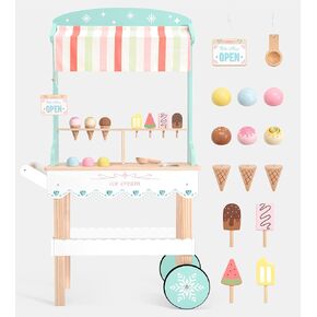 PairPear Wooden Ice Cream Cart for Kids Pretend Play Grocery Store, Ice Cream Truck with Wheels, 2 in 1 Wooden Toy Food Cart Toddler Play Kitchen Gift for Boys Girls 3+