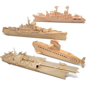 Puzzled Bundle of Submarine, Destroyer, Battleship & Aircraft Carrier Wooden 3D Puzzles Construction Kits, Educational DIY Naval Ships Toys Assemble Models Unfinished Wood Craft Hobby Puzzles - 4 Pack