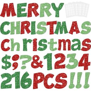216 Pcs Christmas Glitter Bulletin Board Letters Decorations, Numbers and Punctuation 4 Inch, Alphabet Cut Out Cardboard Letters for Poster Bulletin Board Accessories for Display Decorating Supplies