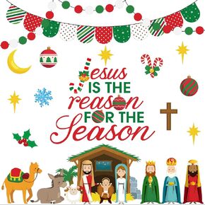 Containlol Christmas Bulletin Board Set Nativity Christian Christmas Large Elk Light Bulbs Classroom Decorations Xmas Cutouts for Winter Holiday School Wall Decor(O Come Let Us Adore Him)