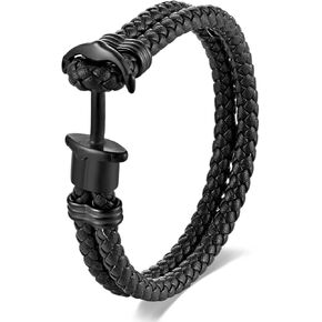 Stainless Steel Nautical Marine Anchor Hook Black Leather Bangle Bracelet for men, Mininalist Style