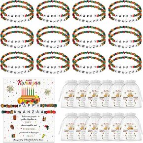 24 قطعة أساور مطرزة من Happy Kwanzaa للرجال والنساء أساور الصداقة الأفريقية باللون الأسود الأمريكي والأحمر والأسود والأخضر سوار مرن مجوهرات مع حقائب بطاقات لـ Kwanzaa Kinara in Kuwait