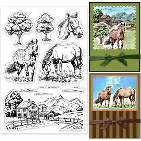 GLOBLELAND Horse Farm Clear Stamps for Cards Making Tree Clear Stamp Seals Transparent Stamps for DIY Scrapbooking Photo Album Journal Home Decoration