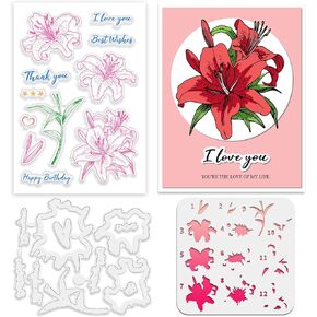 INFUNLY Lily Stamp and Dies Flower Painting Stencils 6.3×4.3" Plants Clear Stamps and Cutting Die Lily Floral Layer Hollow Painting Stencil Set for DIY Card Making Scrapbooking Craft Home Decor
