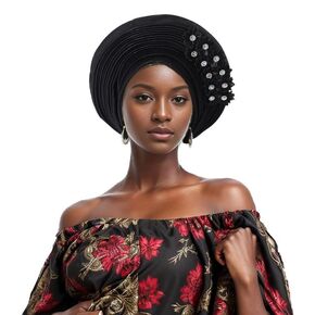 Fashion African Headtie Turban Nigeria Head Ties With Flowers Already Made Auto Gele Women Head Wraps For Wedding Party (One Size,Silver)
