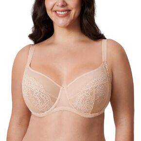 DELIMIRA Women's Lace Bra Plus Size Full Coverage Underwire Sexy Unlined Bras