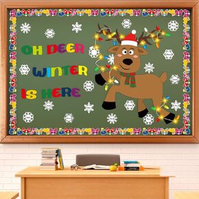 3D Colorful String Lights Christmas Bulletin Board Set Oh Deer Winter is Here Bulletin Boards Elk Snowflakes Paper Cutouts for Winter Holiday Xmas Chalkboard Wall Decor