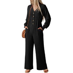 Dokotoo Womens Jumpsuits V-Neck Button Up Lantern Sleeve High Waist Wide Leg Rompers Loose Casual Jumpsuits with Pockets