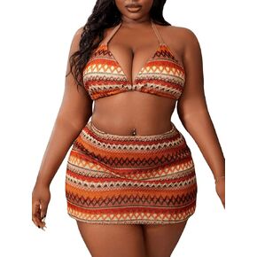 SOLY HUX Women's Plus Size High Waited Swimsuit Halter Neck Bikini Set Boho Bathing Suit with Skirts 3 Piece Set