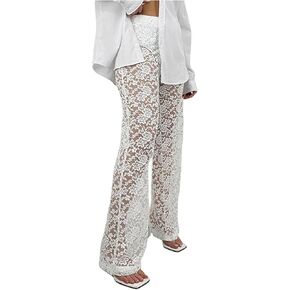 Women Floral Lace Sheer Mesh Pants See Through Straight Leg Pants Hollow Out Trousers Cover Up Pants Y2k Streetwear