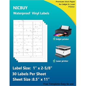 Glossy White Waterproof Shipping Labels, 1x2-5/8 inch 30-up Address Labels, 600 Lables Vinyl Sticker Labels for Inkjet or Laser Printer