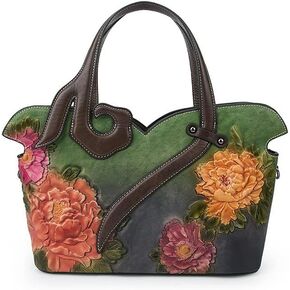 Floral Genuine Leather Women Purse Handbag Vintage Cowhide Tote Bag Ladies Shopping Shoulder Bag Crossbody Bag