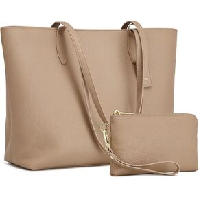 Kattee Leather Tote Bags for Women Soft Shoulder Purses and Handbags Travel Work Bags with Wristlet Wallet 2-in-1