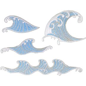MEETOOT 4PCS DIY Embroidery Patch Sewing Craft Decoration Cute Blue and White Embroidered Waves Sea Wave Fabric Patch Sea Wave Embroidery Patch Suitable for Decorating Clothing and Handmade DIY