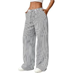 SweatyRocks Women's Y2K Striped Pants Wide Leg Drawstring High Waist Long Trousers with Pocket