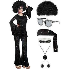 8Pcs 60s 70s Disco Costume for Women, Halloween Disco Outfits Women Set with Sunglasses Headscarf for Halloween Party