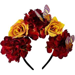 Mexican Rose Flower Crown Headband for Women Day of The Dead Floral Headband Festival Halloween Party Cosplay Costume Hair Accessories (Red Orange)