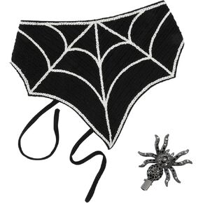 Halloween Headbands for Women, Crochet Bandana Black Head Scarf with Gothic Hair Accessories Halloween Hair Clips, Y2K Accessories Spider Rhinestone Barrettes Cute Bandanas for Hair Halloween Gifts
