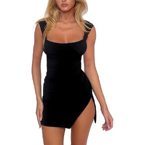HYPERFIRE Women's Summer Square Neck Backless Dress Ruched Bodycon Mini Short Dresses Split Hem Sundress Going Out