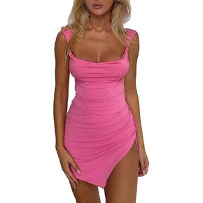 HYPERFIRE Women's Summer Square Neck Backless Dress Ruched Bodycon Mini Short Dresses Split Hem Sundress Going Out in Saudi Arabia