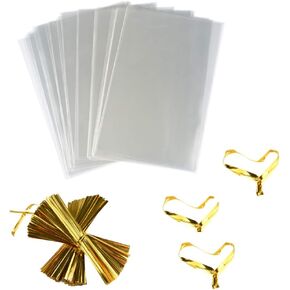 FUNNYARD Clear Treat Bags 100PCS 4x6 Cellophane Party Favor Bags with 100 PCS 4'' Twist Ties for Wedding Kids Birthday Candy Popcorn Bakery Cookie